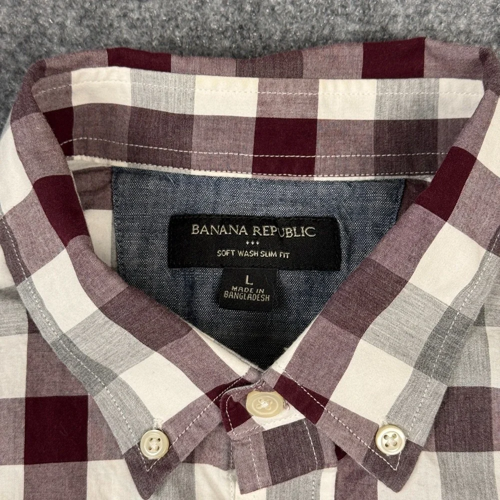 Banana Republic Soft Wash Slim Fit Plaid Button Down Shirt Men's L Burgundy Gray